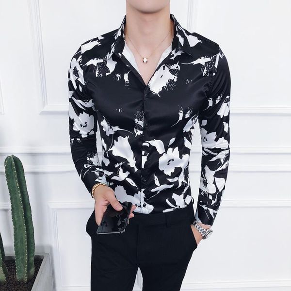 

2018 spring and summer new men's dress shirt long-sleeved slim fashion printing social business casual temperament british style