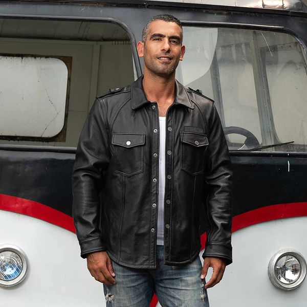 

brand 2020 fashion men's genuine shirt with two pockets real cow leather men slim fit moto biker jacket male, Black