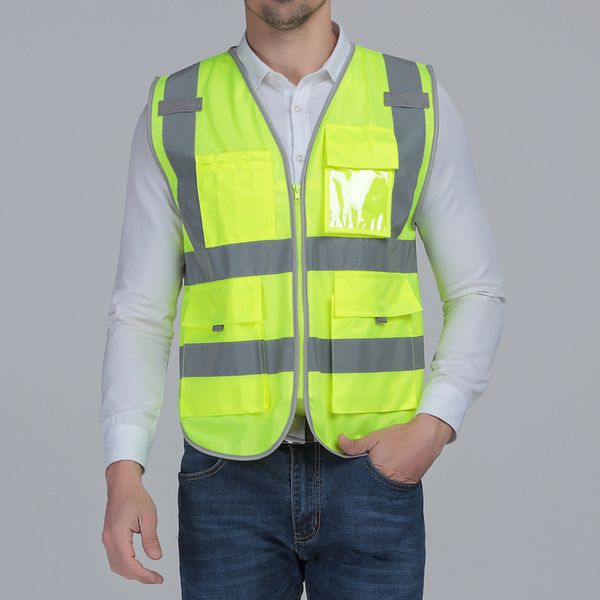 

hi-vis safety vest with zipper reflective jacket waistcoat 4 pockets yellow night safety warning jacket