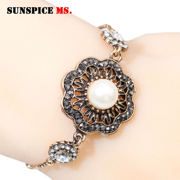 

sunspice ms vintage bead sliding bracelet with rhinestone antique gold color turkey dubai wedding jewelry adjustable metal chain, Black