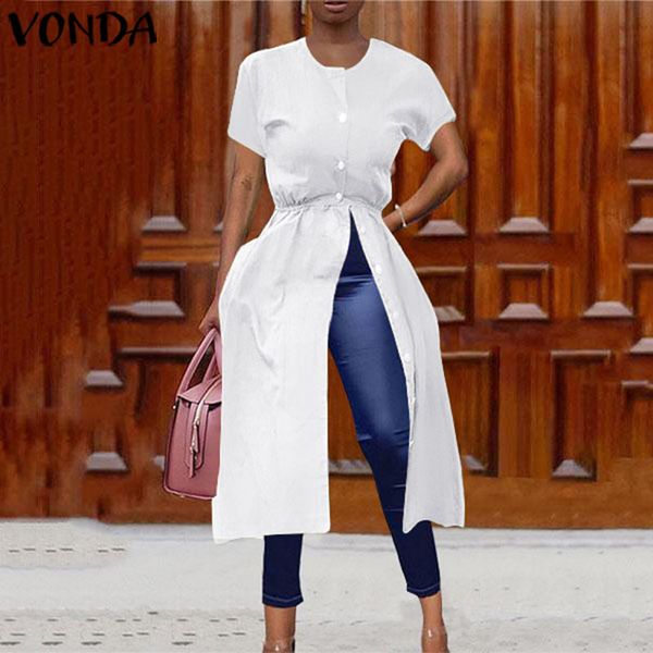 

vonda blouses women tunic 2019 casual loose split hem party shirts office lady bohemian holiday blouse plus size blusa, White