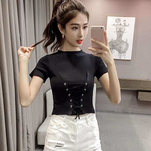 

women summer knitted t shirt lace up o neck short sleeve solid color slim ladies female casual t-shirt femme, White