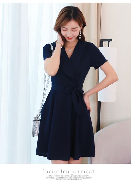 

blue pure color skirt women fashion dress with short sleeves, Black;gray