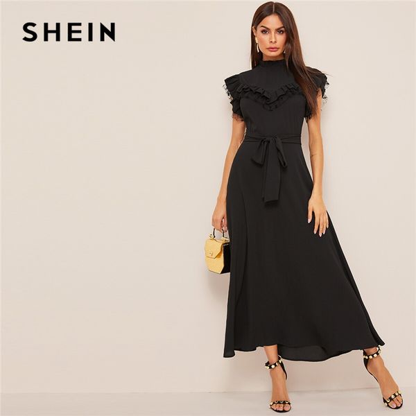 

shein katmanli for details fit v flare elbise 2019 standi yaka kolsuz siyah kati kadinlar bahar sonbahar elbiseler, Black;gray