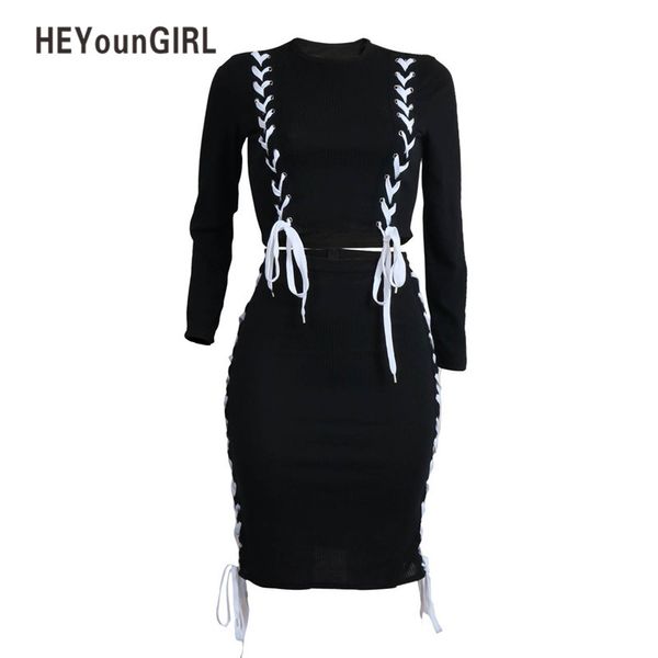 

heyoungirl женщины 2 шт набор cropp верхней и карандаш юбки узелок sexy мода длинным рукавом bodycon офис леди осень весна наборы, White;black