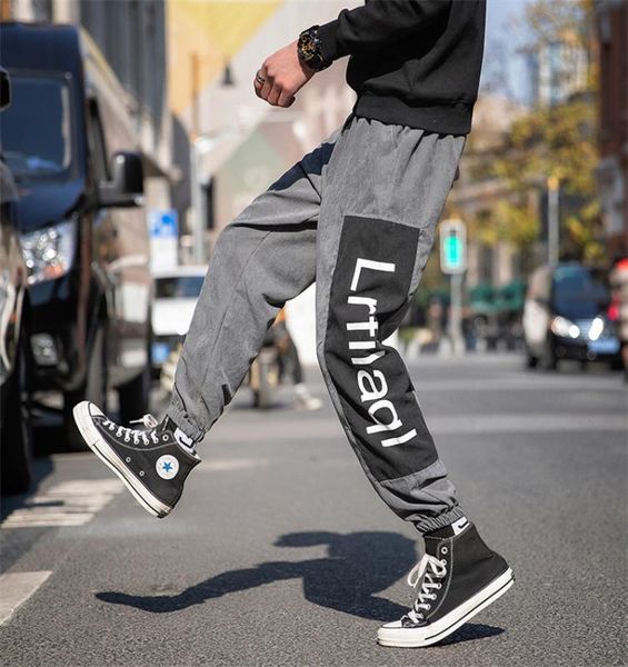 

spring new pocket hip hip streetwear men joggers pants men ribbons cotton cargo pant trousers elastic waist harem pant, Black