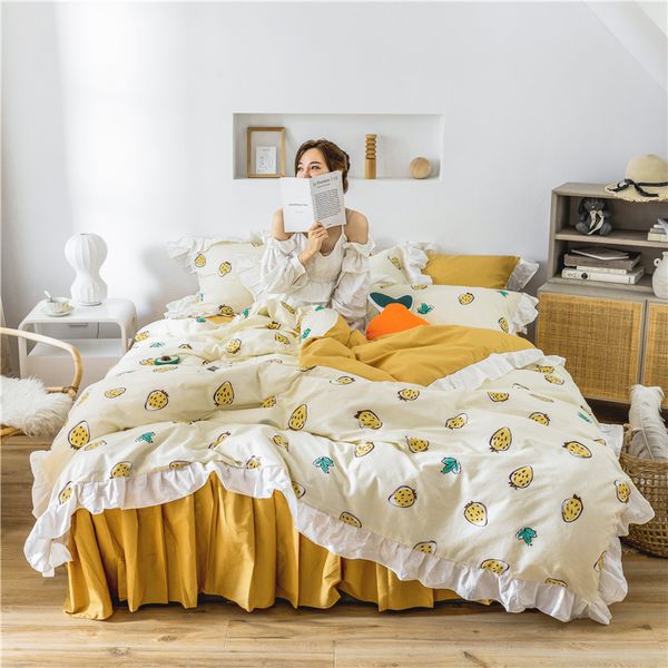 

13372 pure cotton korean style bed set duvet cover flat fitted bed sheet skirt pillowcases fruit pineapple