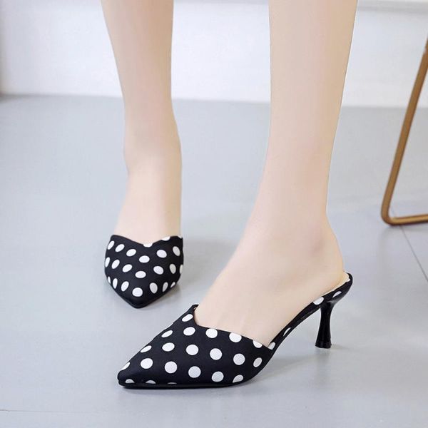 

new fashion luxury women summer sandals middle heel spot party pointed toe shoes party furry flip flops ladies sandals summer, Black