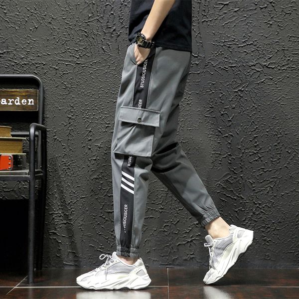

cargo pants men 2020 spring autumn style casual pants harlan overalls multi-pocket ribbons man sweatpants elastic male trousers, Black