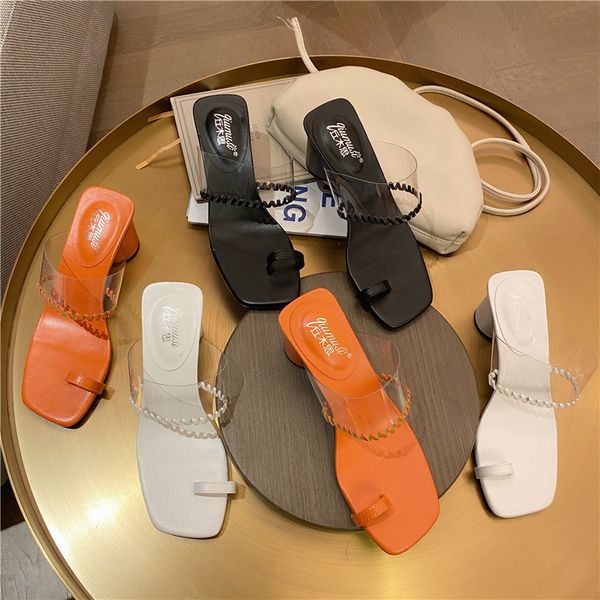 

slippers women summer square heel shoes glitter slides transparent heel pantofle low heeled mules fashion block jelly 2020, Black