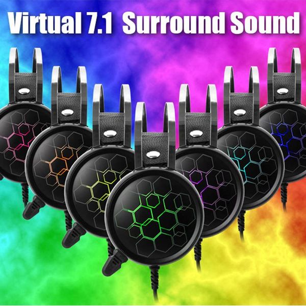 Cuffie da gioco USB 7.1 virtuali con microfono Surround Sound Cuffie da gioco professionali Auricolari luminosi per PC Computer per PUBG