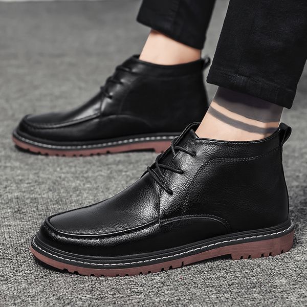 

men boots autumn winter lightweight lace-up man boots genuine leather men's ankle casual soft men shoes 38-47, Black