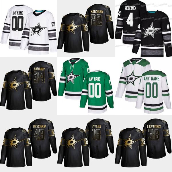 

22 Adam Mascherin 2019 Golden Edition Stars 34 Denis Gurianov 43 Valeri Nichushkin 38 Joel L'Esperanc 18 Tyler Pitlick Hockey Jerseys