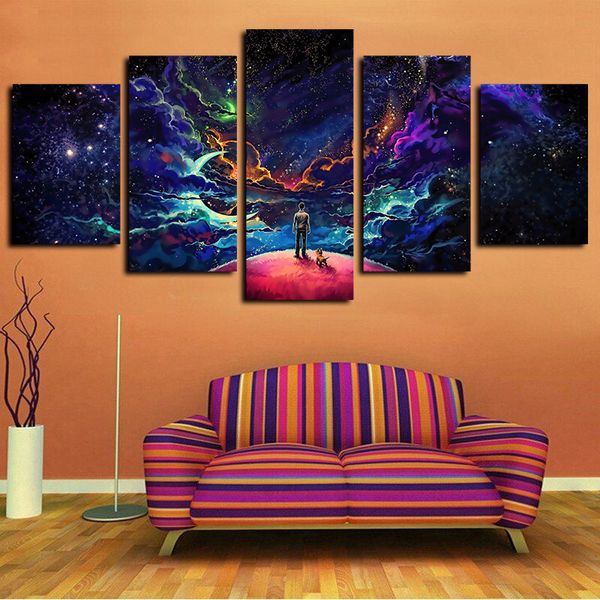 

5 panels cloud crescent dog man moon space stars artworks canvas wall art for kid home decor poster canvas print oil painting
