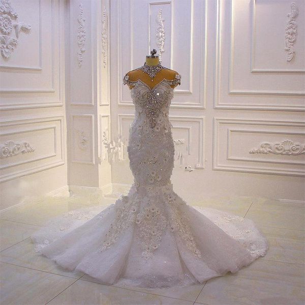 

luxury high neck crystal beaded mermaid wedding dress vintage arabic dubai 3d floral lace applique plus size bridal wedding gowns cph057, White