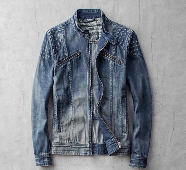 

motorcycle biker denim jacket men's casual patchwork stand collar zipper cowboy coat drop shipping, Black;brown
