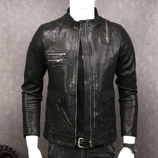 

new vegetable tanned goatskin men's genuine leather jacket short slim fit stand collar casual simple leather jacket male, Black