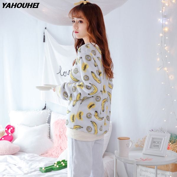 

thick warm print flannel pajama sets for women winter long sleeve coral velvet sleepwear girls cute pyjama homewear pijama mujer, Blue;gray