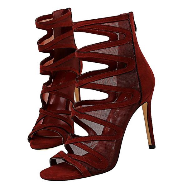 

boots 2021 women fetish thin heels sandals ankle stiletto 10cm high mesh rome gladiator peep toe summer burgundy shoe, Black