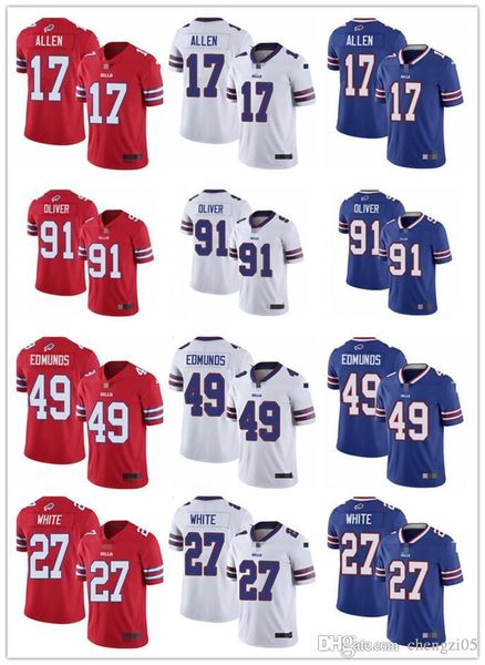 

Мужчины Женщины молодежи Баффало 27 Тре'Davious Белый 17 Джош Аллен 49 Тремейн Эдмундс 91 Эд Оливер изготовленный на заказ трикотажные изделия футбола