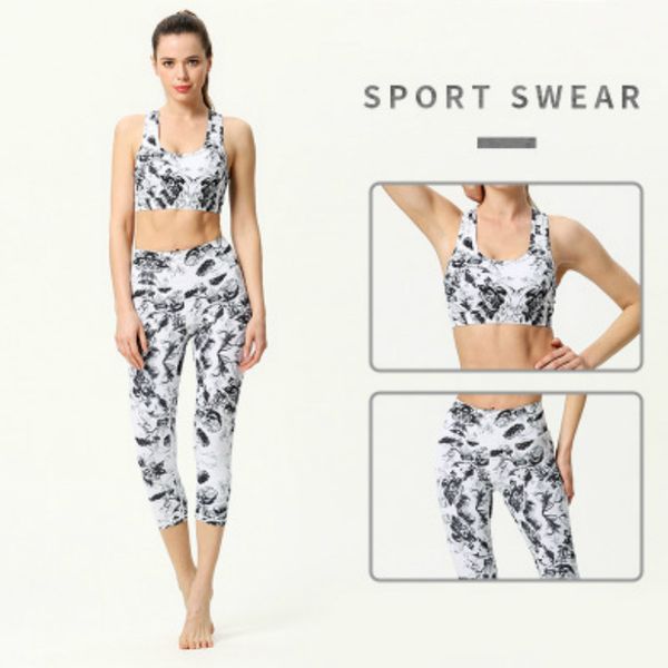 

womens active yoga suit two-piece fitness vest exercise suit new print sportssuit tight leggings sleeveless 2020 for wholesale