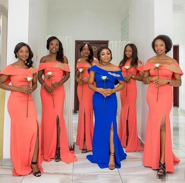 

coral african mermaid bridesmaids dresses long bateau cap sleeveless slim african wedding guest dress split side maid of honor dress gowns, White;pink
