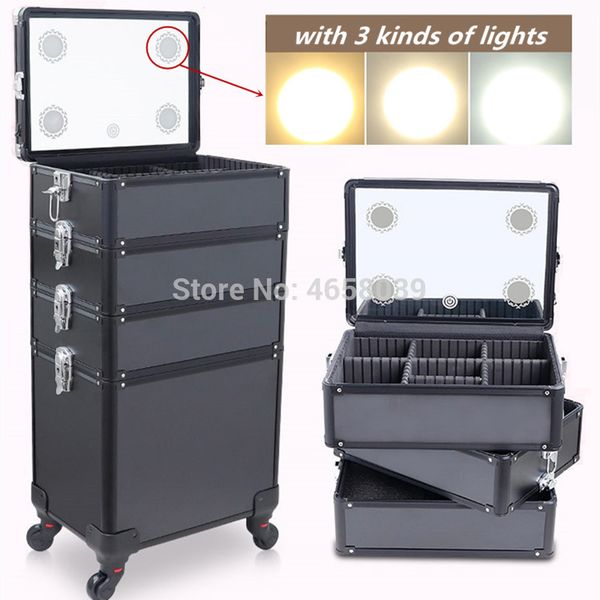 

multi-layer aluminum frame cosmetic case,dresser makeup toolbox with light,makeup artist suitcase box,trolley luggage bag