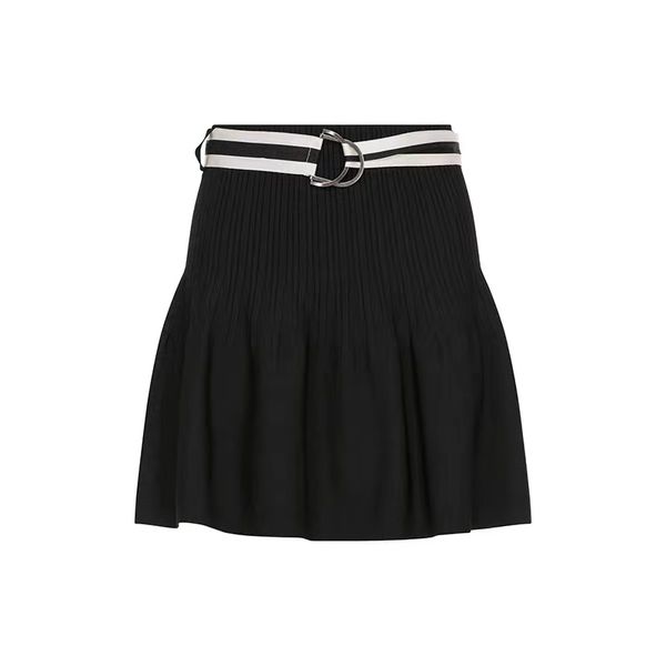 

women's black skirt high-waisted knit striped belt lady pleated skirt