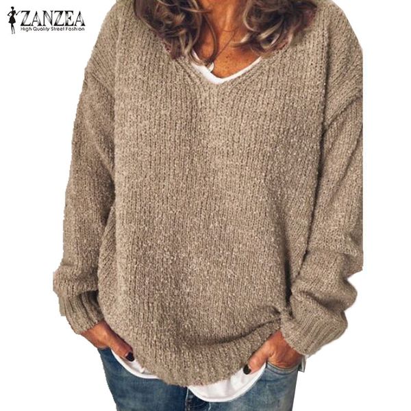 

plus size pullovers women's sweater 2019 zanzea autumn knitted elegant casual long sleeve shirt v neck tunic sueter mujer, White;black