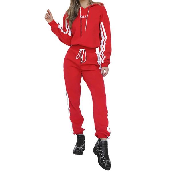 

2 piece set women sport suit womens letter splice lacing pants long sleeve hooded sweatshirt set fitness sportswear#y15, White;black