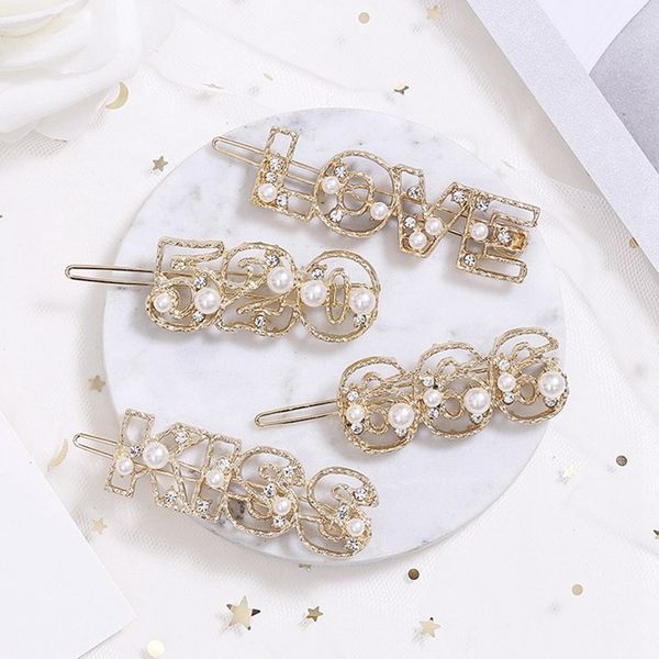 

shining letter hairpins crystal shiny rhinestones letters hair clips women styling tool hairgrip pearls hair accessories gifts, Golden;white
