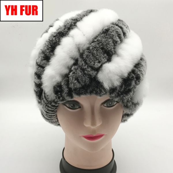 

good elastic real rex rabbit fur beanies hat women knitted striped natural rex rabbit fur caps winter warm real fur cap, Blue;gray