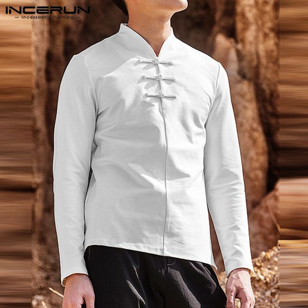 

incerun autumn casual men pure v neck long sleeve retro cotton shirt fashion street baggy joker buckle chinese style mens blouse, White;black