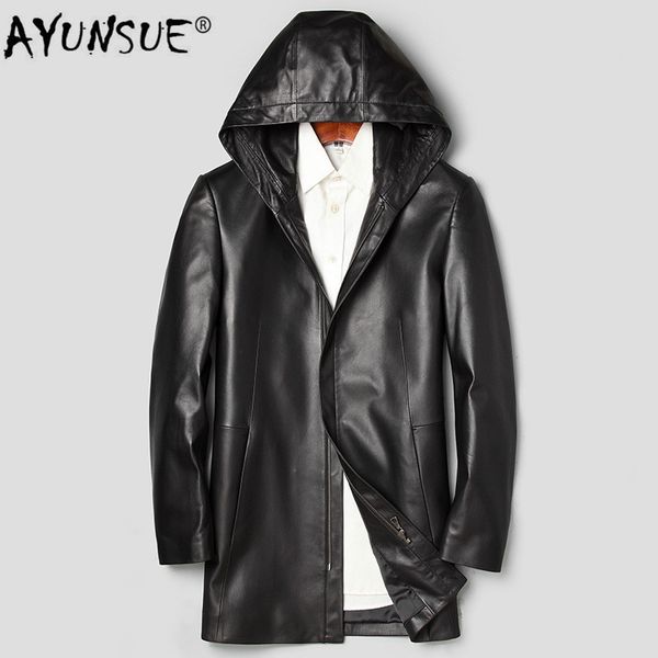 

ayunsue long leather coat genuine leather hooded jacket korean windbreaker sheepskin coat chaqueta cuero hombre 71j7866 yy271, Black