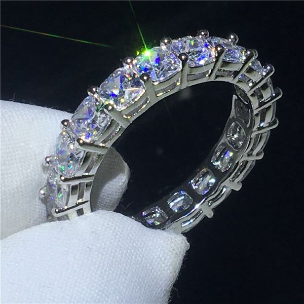

eternity promise ring 925 sterling silver cushion cut diamond stone engagement wedding band ring for women men party jewelry, Slivery;golden