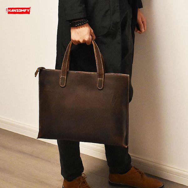 

retro crazy horse leather men's handbags genuine leather shoulder messenger bags business lapbriefcase male crossbody bags