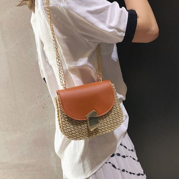 

women straw shoulder bag chain small flap crossbody woven bag retro rattan