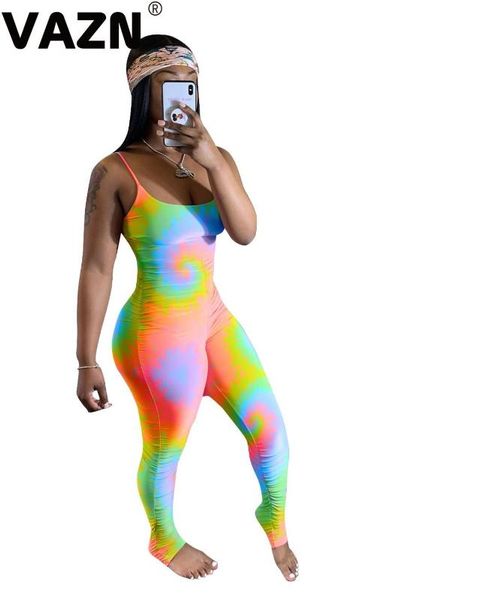 

vazn new summer clubwear lady casual lady jumpsuits v-neck sleeveless tie dye print rompers shinny young jumpsuit, Black;white