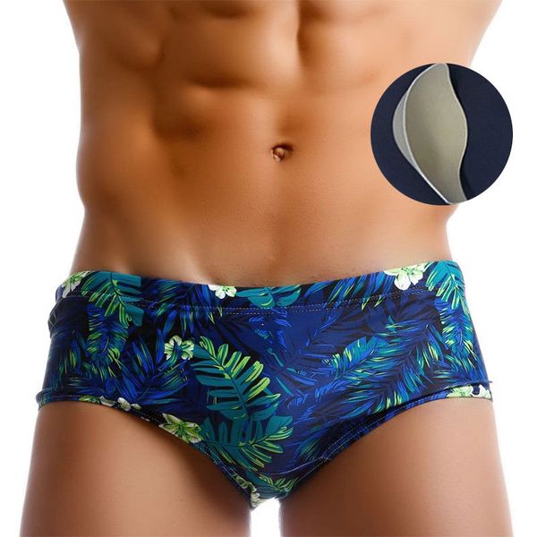 

2020 new swimsuit green leaf padded mens swimming shorts pouch bulge enhancing push up cup gay swimwear men 14 styles