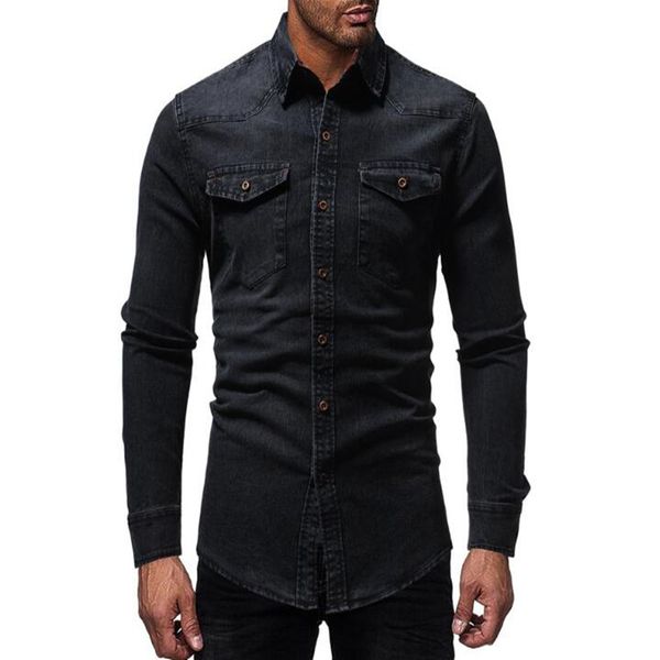 

new autumn/winter 2020 men's casual slim denim long-sleeved shirt, White;black