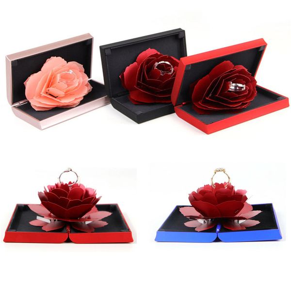 

3d up rose ring box folding rotating rose ring box birthday valentine's day wedding engagement jewelry display boxes