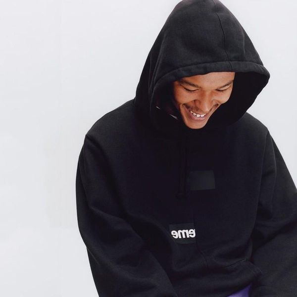 

18fw split displaced hoodies sweatshirt casual street solid box logo hooded pullover sweater winter couple hoodies, Black