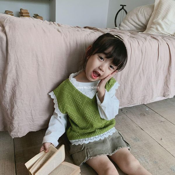 

fashion girls lace patchwork vest 2-7 years baby girl casual waistcoats kids cotton clothes, Blue