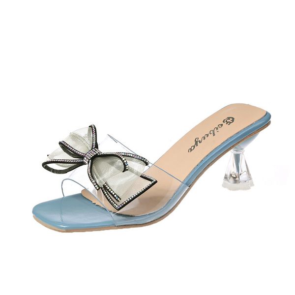 

clear transparent crystal ladies shoes 2020 new summer lace bow knot slippers female slides spike high heels women shoes woman, Black
