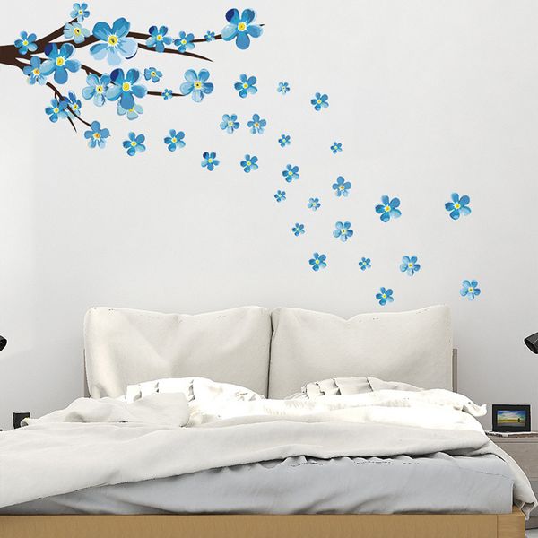 

new style blue plum wall sticker art decals living room sofa bedroom wall background decorations plum blossom stickers wallpaper