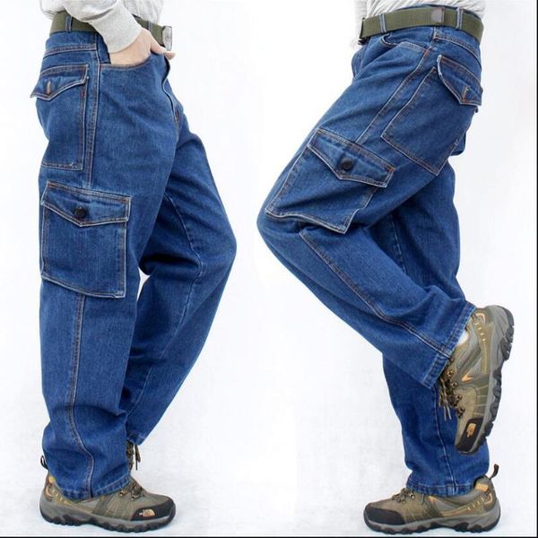 

s-3xl мужской ремонт машины свободные джинсы большого размера износостойкая оснастка джинсовые повседневные прямые рабочие брюки мульти-карм, Blue