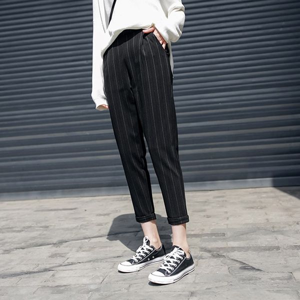 

2019 new women harem pants casual fashion black striped high waist loose harajuku nine points pants yy541, Black;white