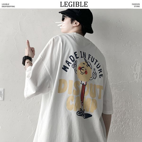 

legible new summer japanese oversize cotton men tshirt korean fashion loose t shirt men o neck casual printing t-shirt, White;black