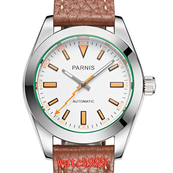 

40 mm white dial orange pointer sapphire crystal man watches brown leather strap fashion man automatic mechanical watch, Slivery;brown