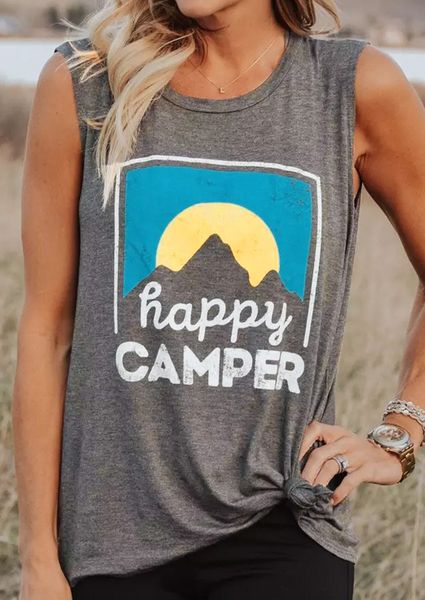 

plus size tank women fashion sunrise mountain print tank letter happy camper o-neck gray female casual ladies tee, White